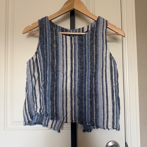 DREW Tops - Drew Anthropologie Blue White Striped Linen Blend Button Back‎ Tank Top Medium